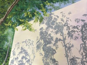 Blue sky, green leaves, brown trunks, white wall. gray shadows